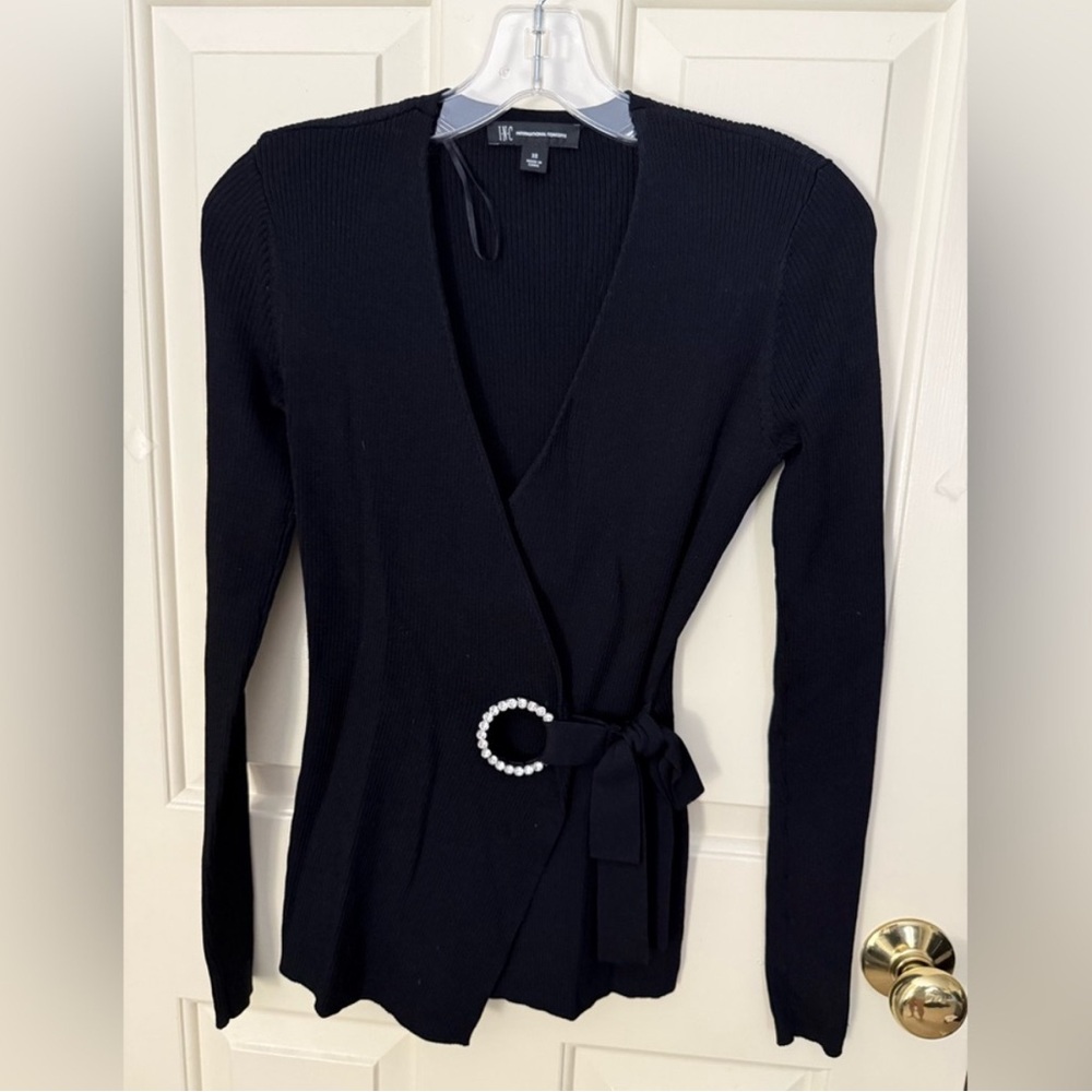 INC International Concepts Black Cardigan with Pearl Belt